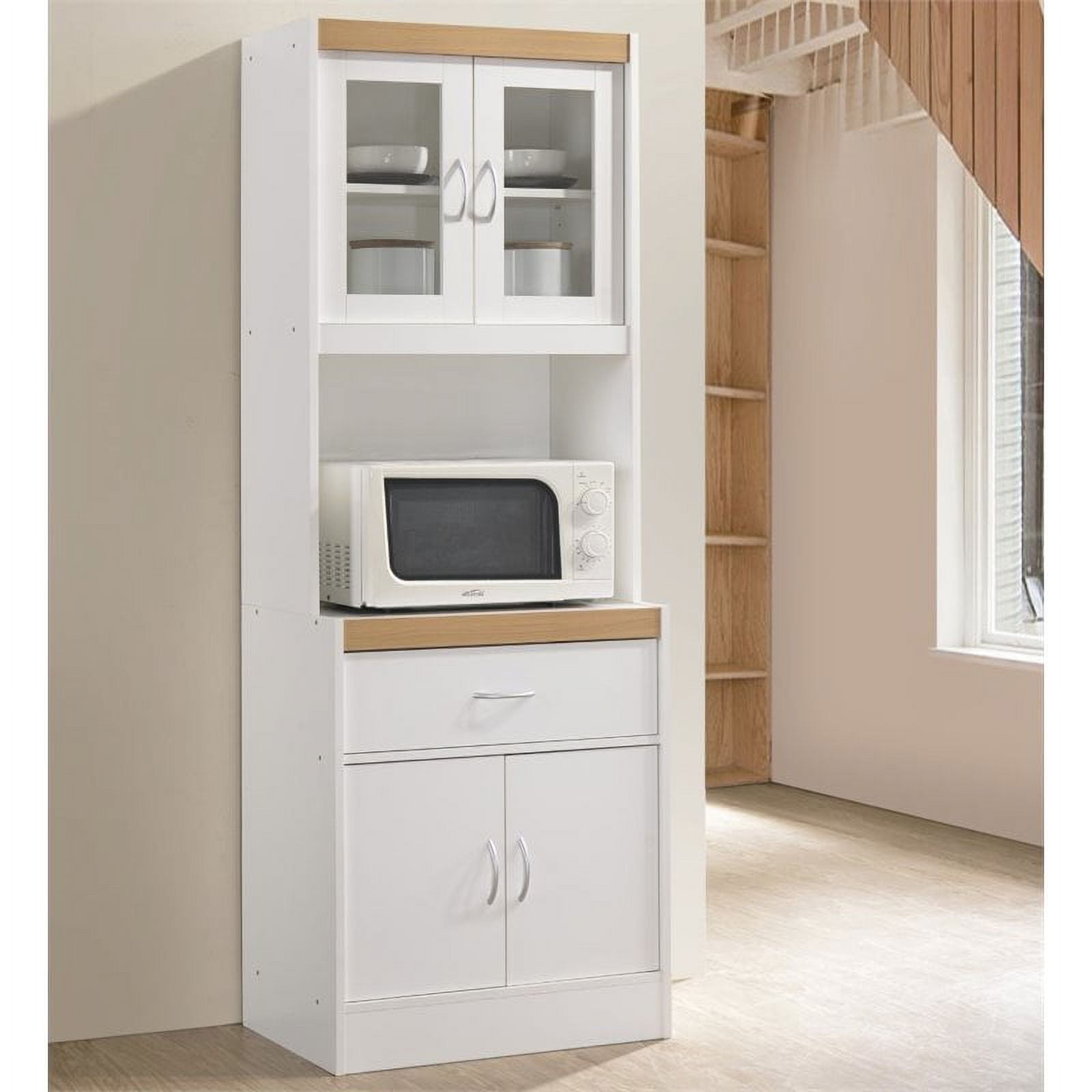 Hodedah Tall Kitchen Cabinet in White with Microwave Storage