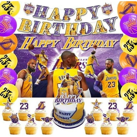42Pcs Los Angeles Basketball Party Supplies Pack Includes，Banner，Cake Topper，Blackdrop,Balloons for The Laker party decoration