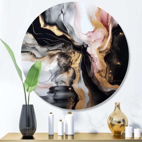 Designart "Marble Splash Black and Gold I" Abstract Marble Metal Round Art Print