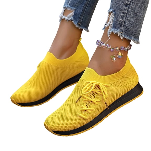 EKVAHL Women's Orthopedic Walking Sneakers, Hollow Knit Slip On Tennis Shoes, Wide Width Travel Gym Casual Shoes Yellow