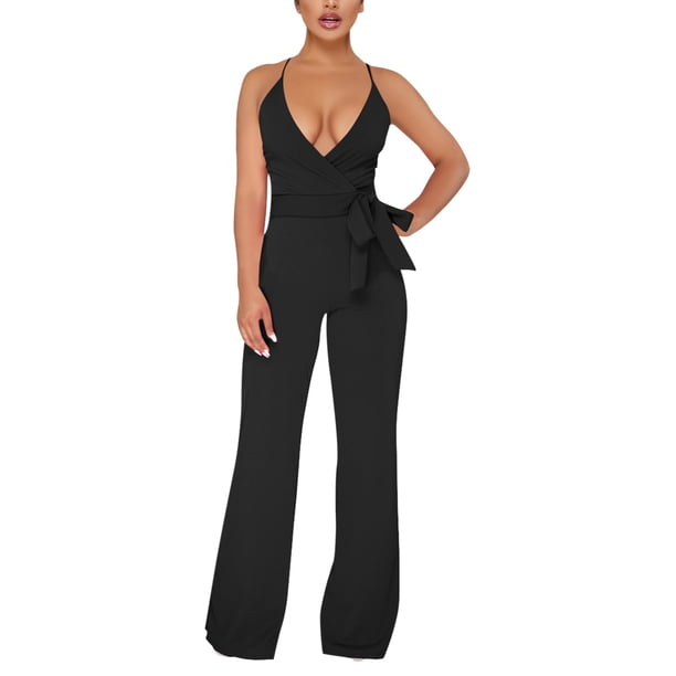 Mono de mujer de color liso con cuello halter en V y cordones - Conjunto informal elegante para fiesta/día a día - Tejido elástico