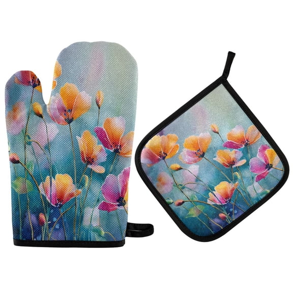 Heat-Resistant Reversible Oven Mitts and Pot Holders Set Double-Sided Insulated Gloves Kitchen Home Supplies Watercolor Wildflowers Painting