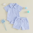 thumbnail image 2 of Xudanell Baby Boy Outfit Newborn Infant Soft Outfit Solid Color Button Top Drawstring Shorts 2 Piece Sets Blue 3-6 Months, 2 of 7