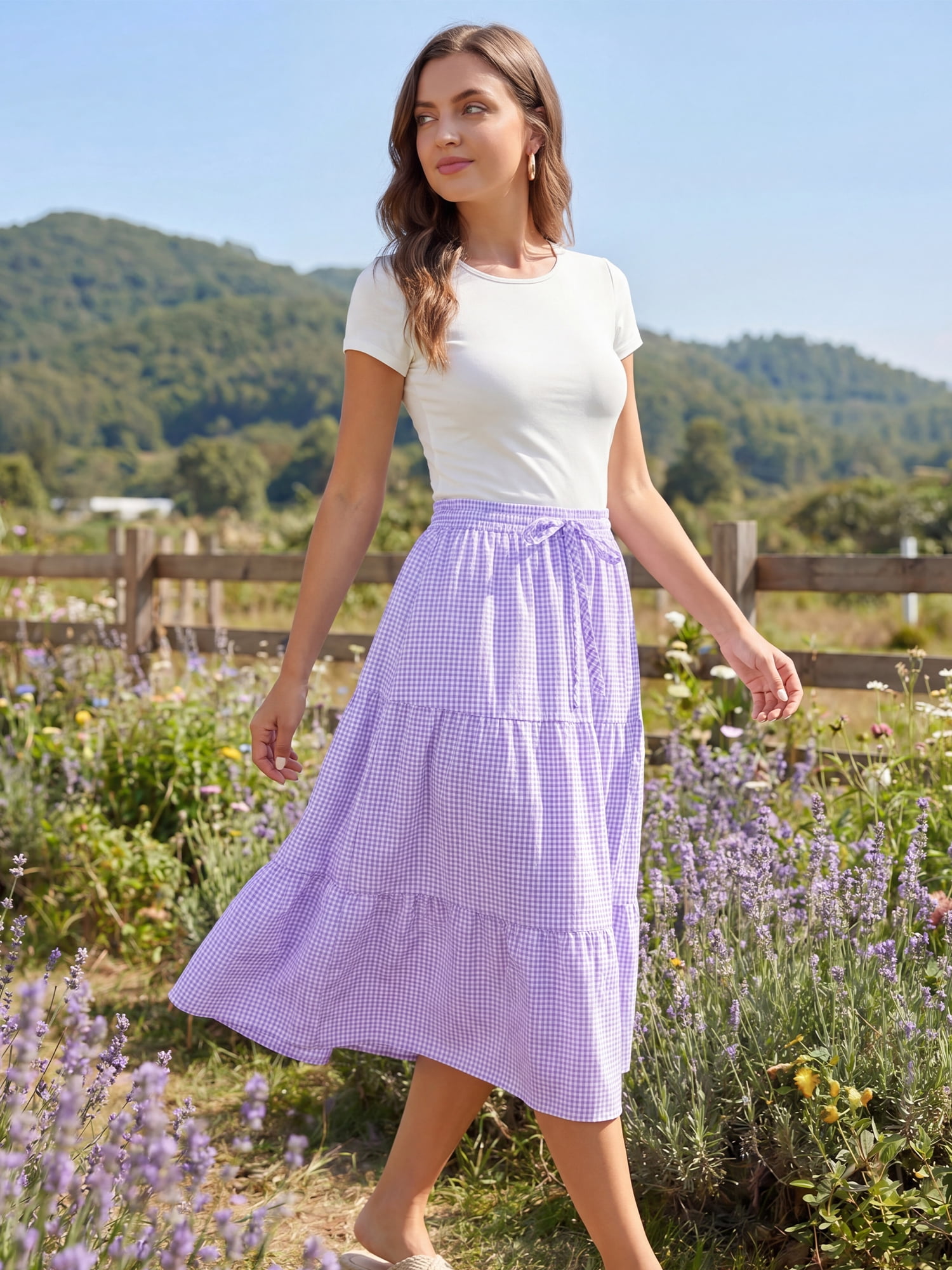 DARING DIVA Women's Gingham Drawstring Waist Tiered A-Line Midi Skirt Medium Purple
