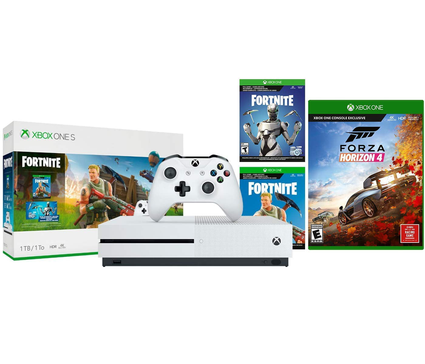 Xbox One S Battle Royale Fh 4 Bundle Fortnite Eon Cosmetic 2 000 V Bucks Forza Horizon 4 And Xbox One S 1tb Gaming Console White Walmart Com