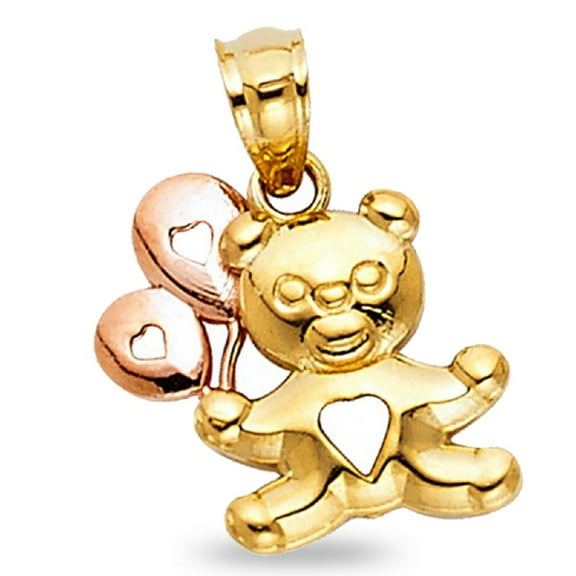 Teddy Bear Balloon & Hearts Pendant Solid 14k Yellow Rose Gold Charm Fancy Two Tone 13 x 13 mm