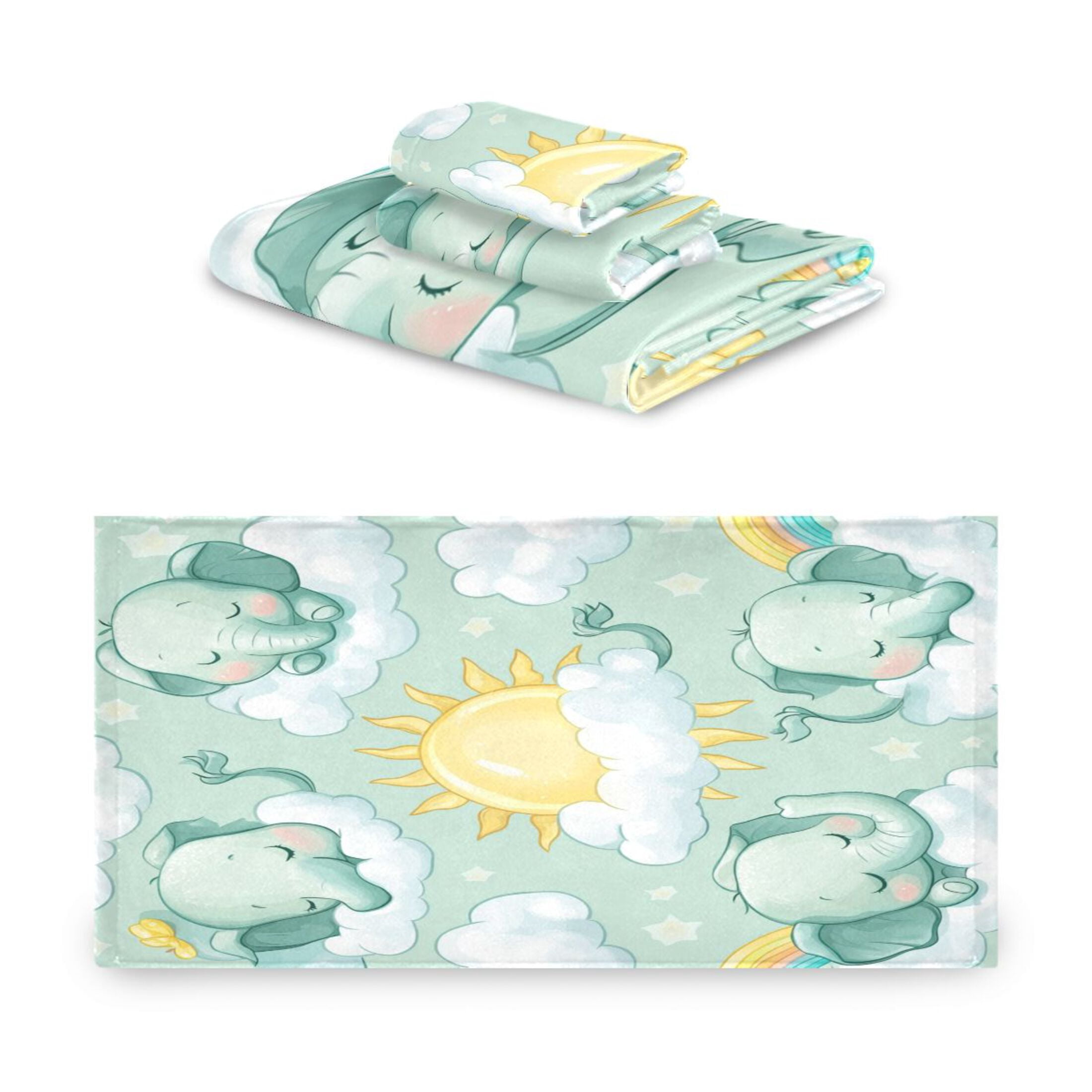 WOBOGO Illustration Of Cartoon Sleeping Baby Elephants Ultra Soft 3 Pack Cotton Towel Set for Everyday Use Lightweight and Compact