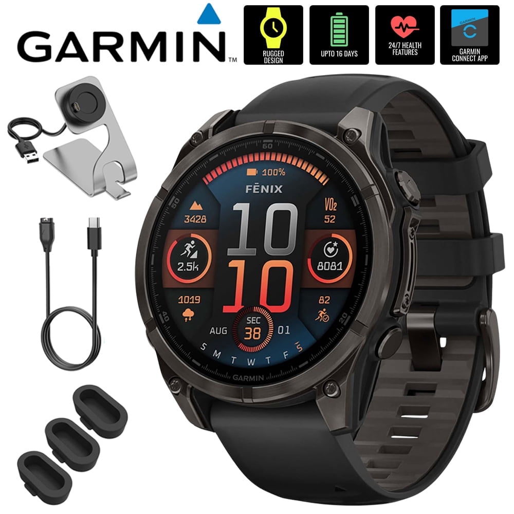 Garmin 010-02904-20 Fenix 8 47mm AMOLED, Sapphire, Carbon Gray Titanium with Black Silicone Band Bundle with Deco Essentials Charging Dock, 3x Silicone Dust Cover and USB Type C Charging & Sync Cable