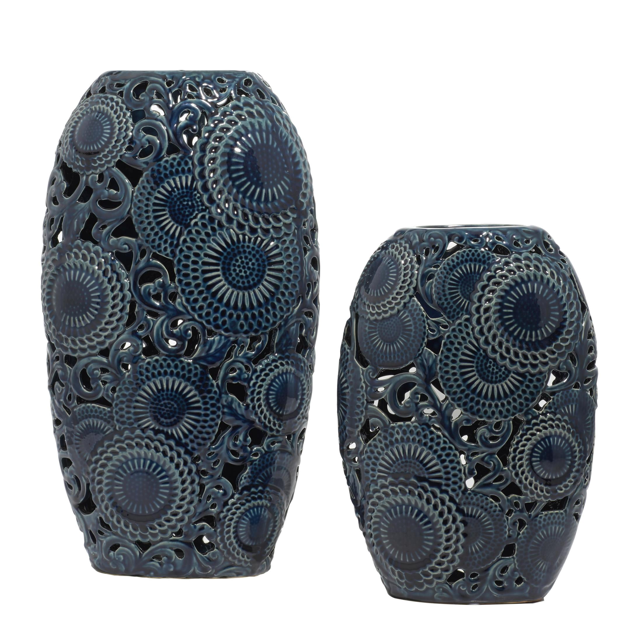 DecMode 18", 13"H Floral Blue Ceramic Vase with Cut Out Patterns, Set of 2