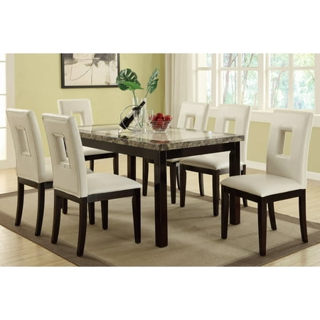 Casual Two Toned Faux Marble Top Dining Table Square Eyelet Cuts Casual Two Toned Faux Marble Top Dining Table Square Eyelet Cuts White Leather Side Chairs