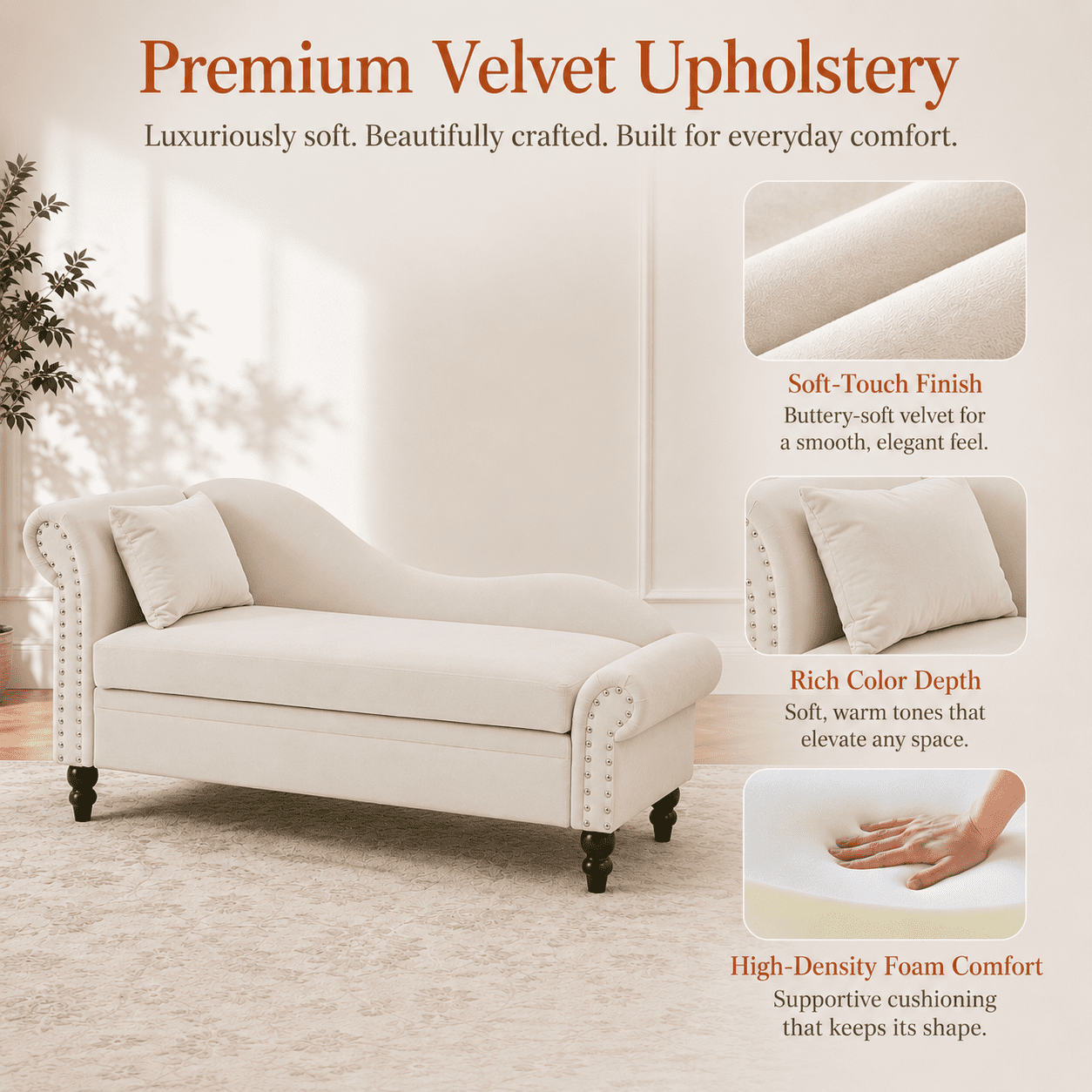 Aukfa 64.5" Modern Velvet Chaise Lounge with Storage, Left Armrest Lounge Sofa with Silver Nailhead Trim & Lumbar Pillow,Beige
