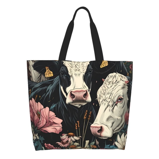 Balery Vintage Sunflower Cow Bolsa Tote Estilo Estético con Cremalleras, Bolsa de Hombro, Bolsa de Compras Grande y Plegable