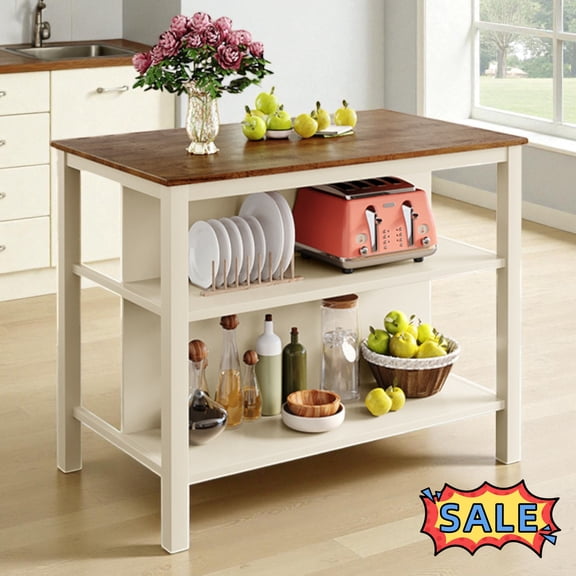 Tcbosik Kitchen Island with Rubber Wood Top, 45"W Prep Table with Open Shelves for Small Place Dining Room Living Room, Cream White