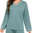 thumbnail image 4 of Womens Pajama Sets 2 Piece Lounge Sets for Women V Neck Long Sleeve Top and Elastic Waist Loose Fit Pants (XXL, Mint Green), 4 of 7
