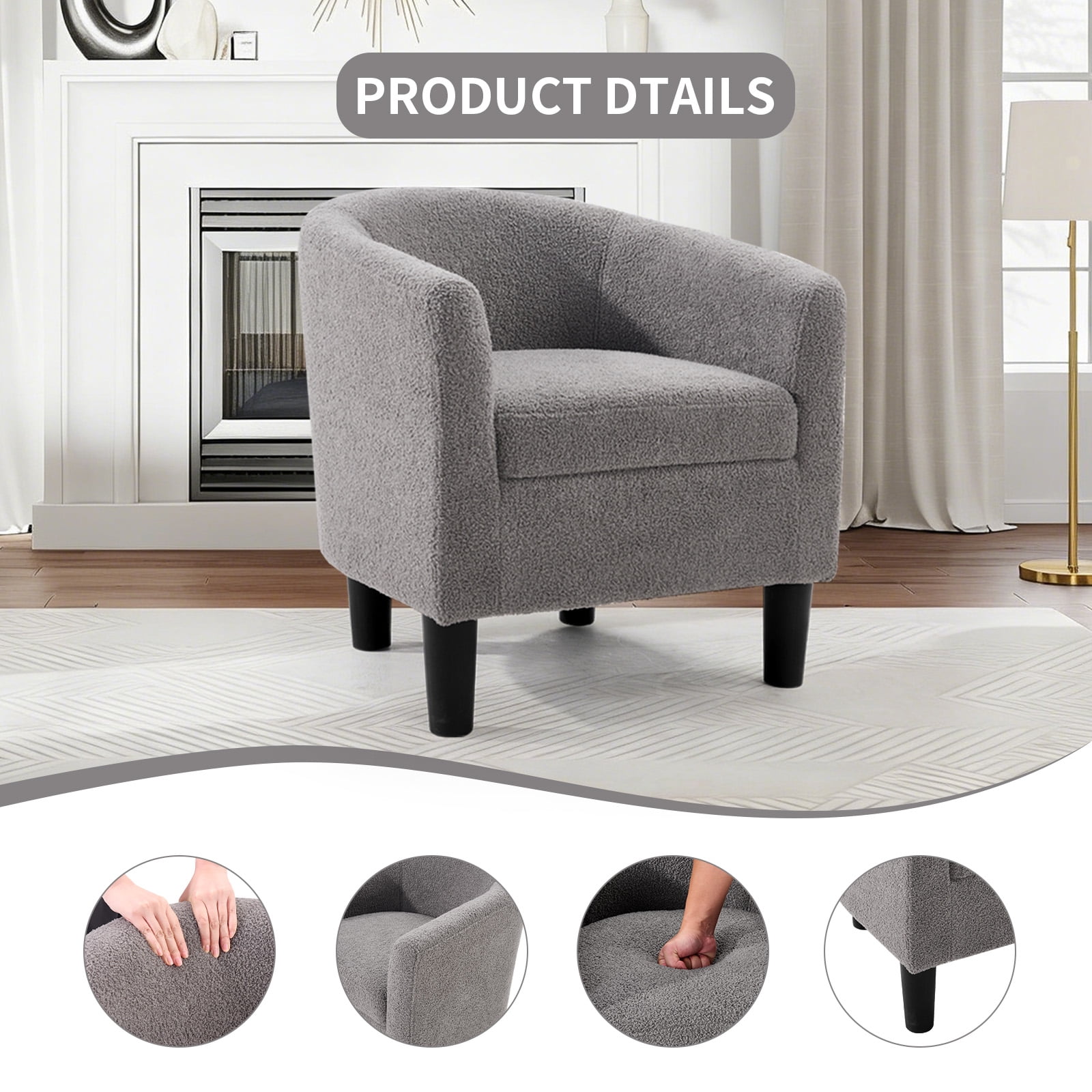 Bonzy Home Accent Barrel Chair, Teddy Fleece Upholstered Club Chair with Armrest Small Reading Chair, for Living Room, Bedroom & Reception Room, Gray