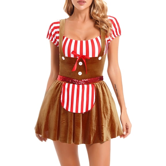 Eandarui Women's Gingerbread Man Cookie Dress Christmas Holiday Santa Cosplay Fancy Dress Brown S