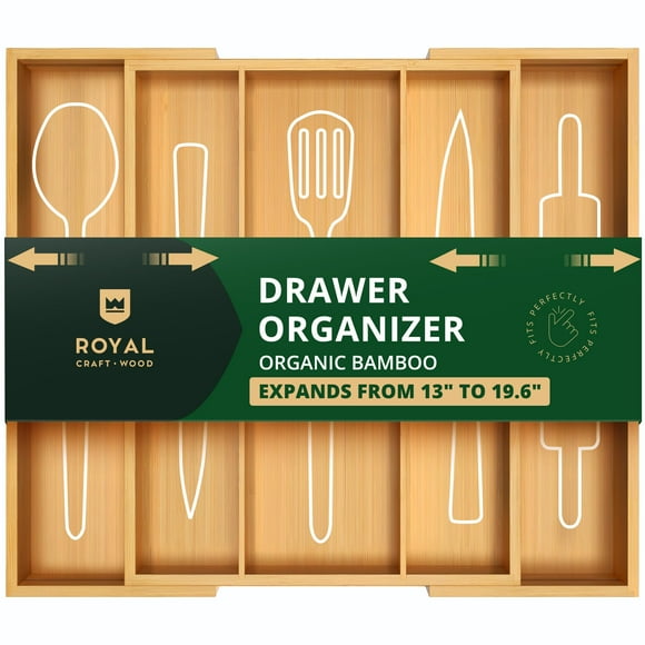 ROYAL CRAFT WOOD Organizador de cajones de cocina de bambú de lujo – Organizador de utensilios expandible para cajón – Soporte para utensilios y cubiertos y bandeja para cubiertos (natural 19.6" x 17"