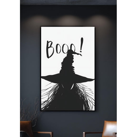 MSFCON Halloween Witch Silhouette Poster – Boo Wall Art – Black and White Spooky Print – Gothic Witch Hat Decor