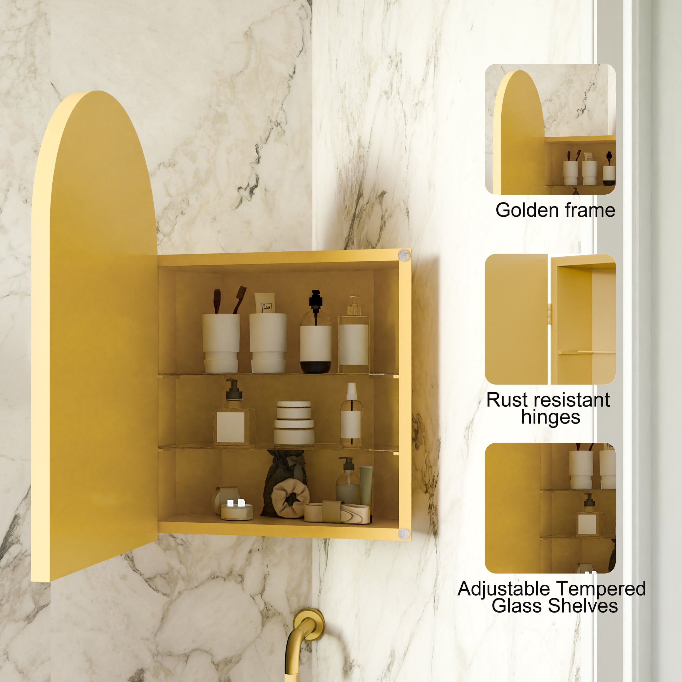 Noble House 18" Corner Medicine Cabinet, Arched Mirror, Metal Frame, Adjustable Glass Shelves, for Small Spaces, Golden