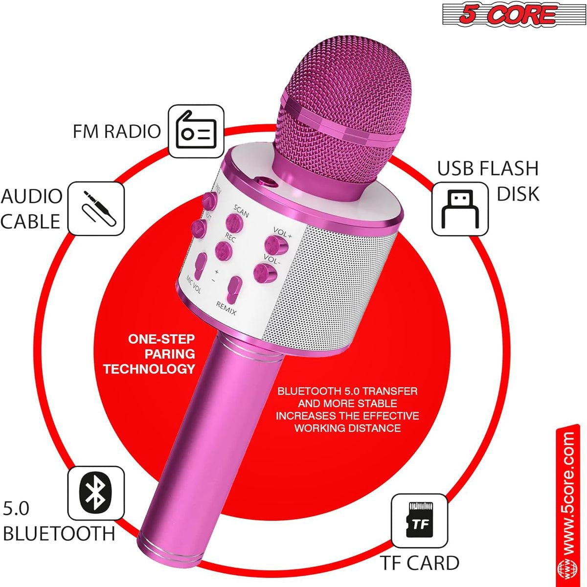 5CORE Bluetooth Wireless Karaoke Microphone, 2Pcs, Pink, Blue
