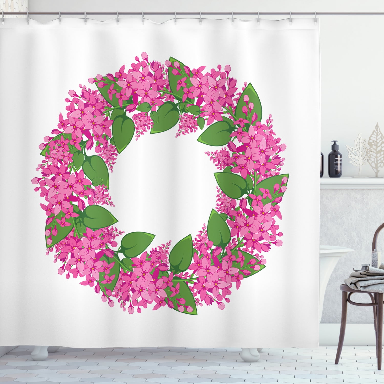 Lilac Shower Curtain, Circular Wreath of Twigs of Pink Blossoms Budding