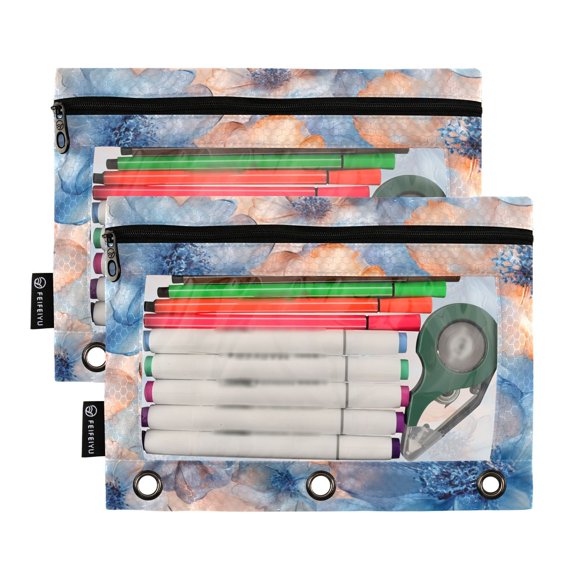 Ckdifva Flowers Oil Painting Pencil Pouch 3 Ring Zipper Pencil Case Binder Pockets Clear Top Cosmetic Bag 2 Pack