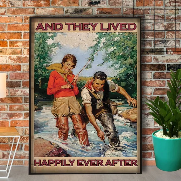 Poster Fishing Couple And They Lived Happily Ever After Paper No Frame Matte ... Wall Art, Unframed Prints For Home Or Office, Perfect Gift For Everyone, 8x12