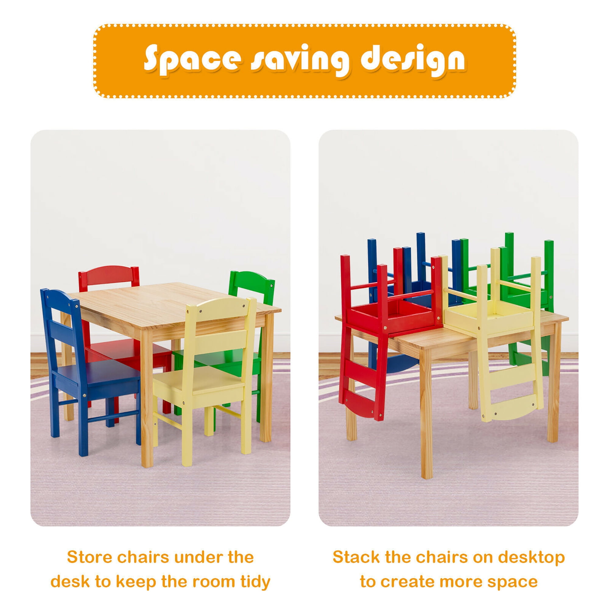 Costway Kids 5 Piece Table Chair Set Pine Wood Multicolor Children Play Room Furniture