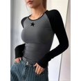 thumbnail image 4 of Women'S Long Sleeve Shirts Slim Fit Stretchy Color Block Slightly Cropped Tops Dark Gray Stars XL, 4 of 5