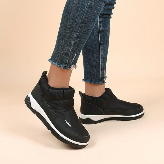 VKEKIEO Winter Boots Women Round Toe Low Heel Walking Shoes Slip-On Black Women Winter Boots