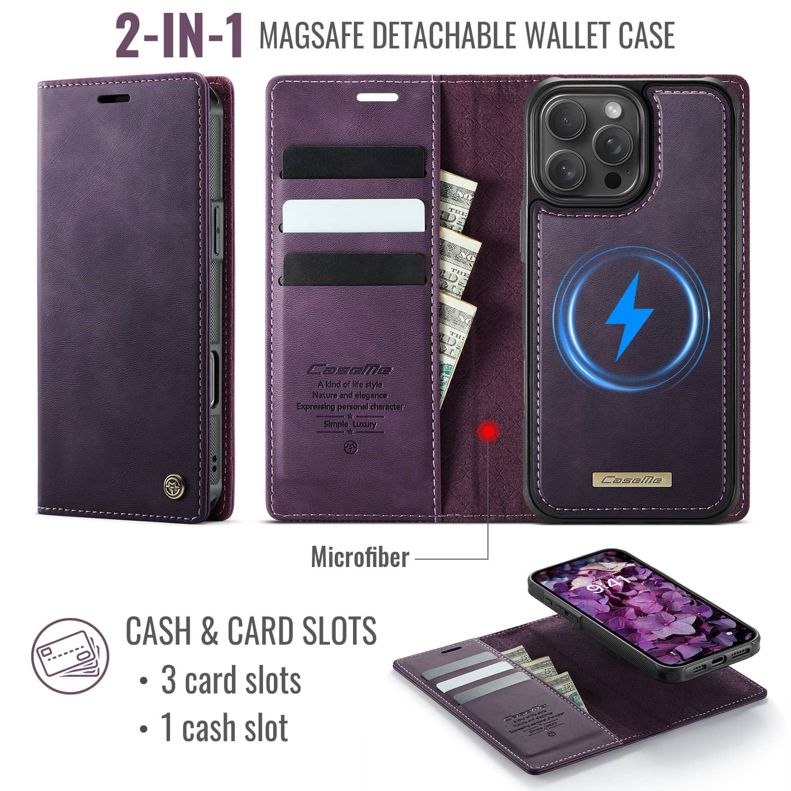 Magnetic 2 in 1 Magsafe Detachable Wallet Case for iPhone 16 Pro Max with Card Holder Women Men, Retro PU Leather【RFID Blocking】Kickstand Shockproof Cover