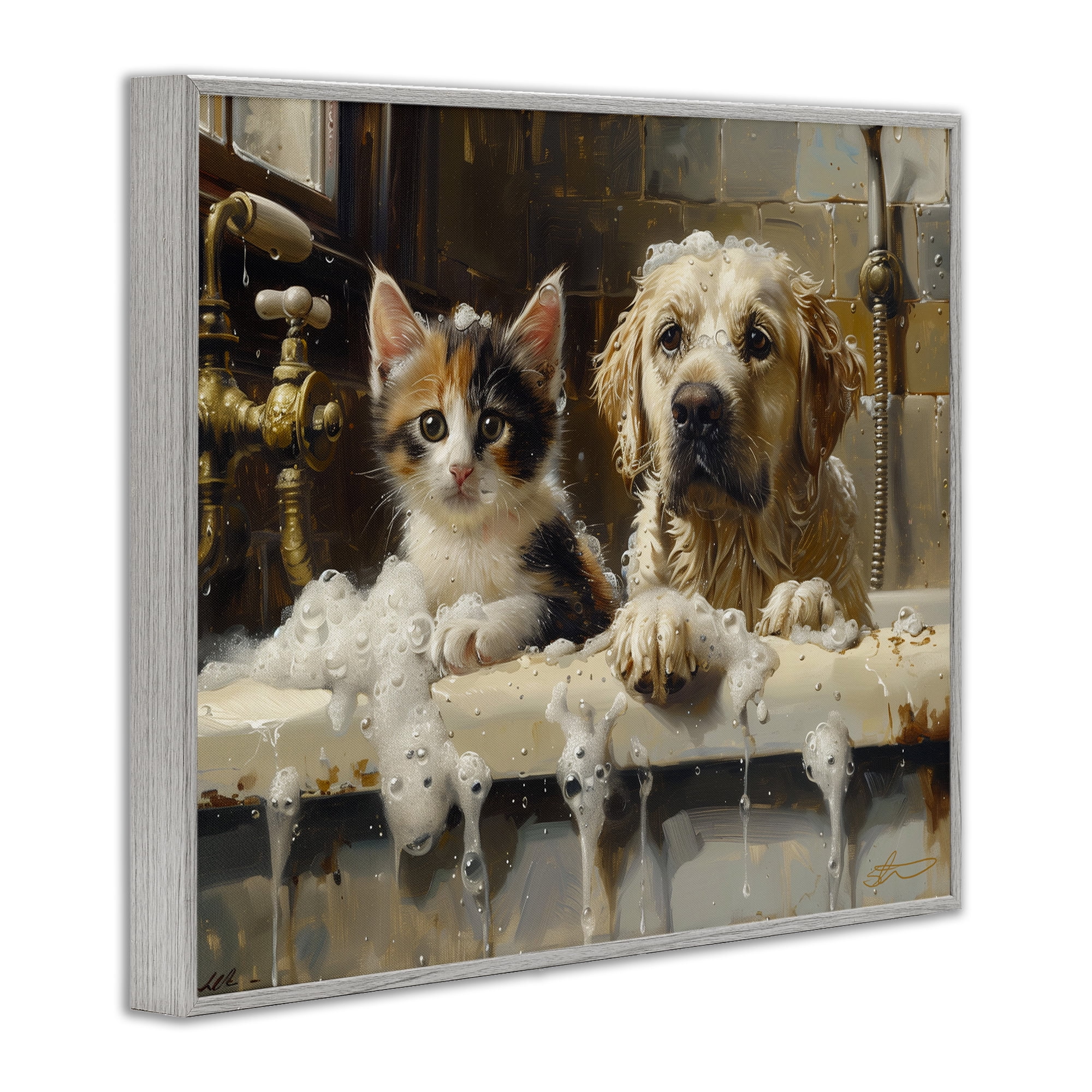 Bath Buddies Cat & Dog Gray Framed Giclee Art, design by Shawna Stewart