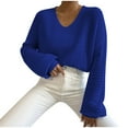 thumbnail image 2 of Qetyuw Cropped Sweater for Women Crochet Knitted Lantern Long Sleeve V Neck Sweaters Solid Color Casual Pullover Jumper, 2 of 6