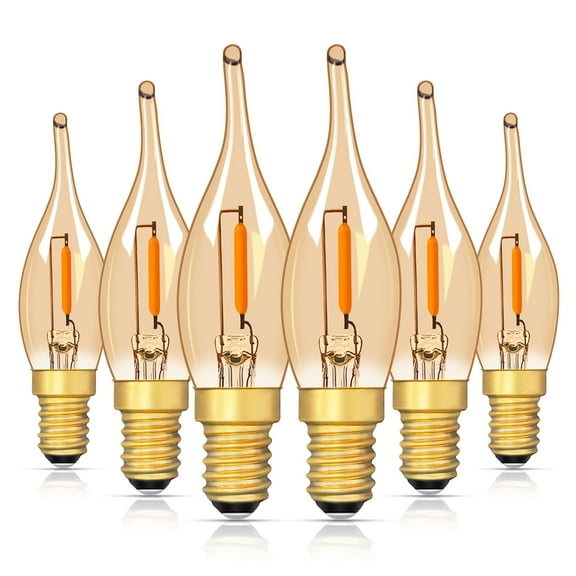 LED Vintage Candelabra Bulbs Night Lights E12 C22T Edison Candle Bulbs Filament Flame 7 Watt Equivalent LED Chandelier Light Bulbs Decorative Lights 2200K Warm Amber Glass, CRI 90 , Pack of 6