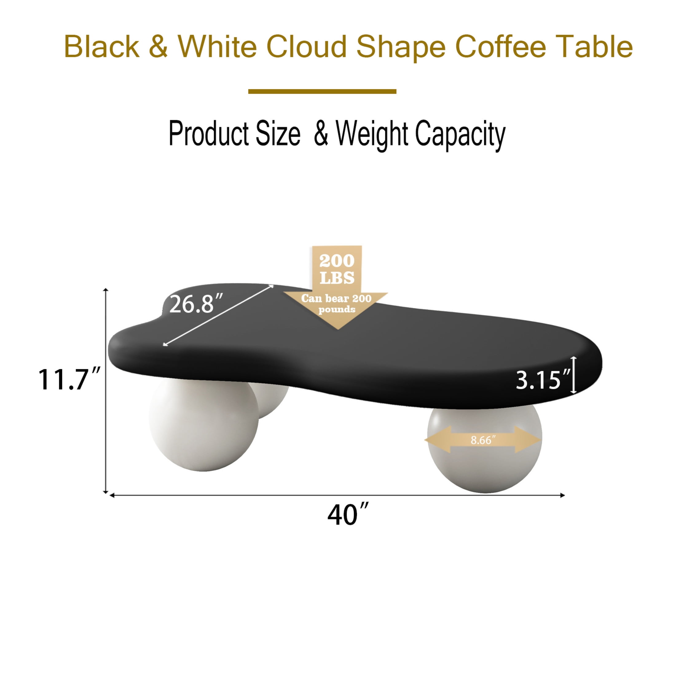 Noble House 40" Cloud Shaped Coffee Table with Ball Legs, Modern Aesthetic Accent Table for Living Room, Black Top White Legs