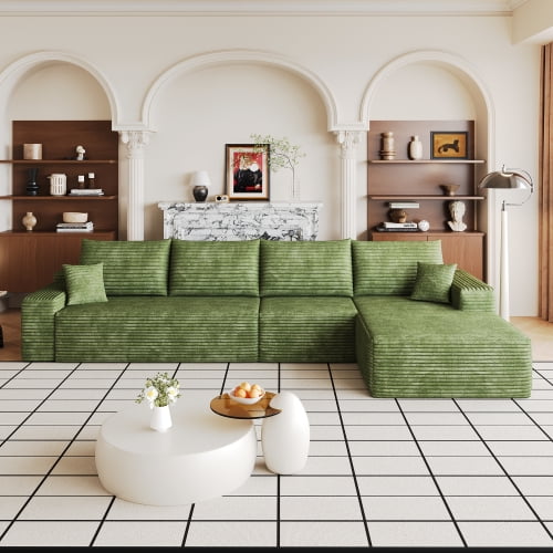 135" Cloud Sectional Couch with L-Shape Chaise, Modular 4-Seat Sofa, Deep Seat Corduroy Upholstered Couch, No Assembly Required, Living Room Bedroom Furniture, Green