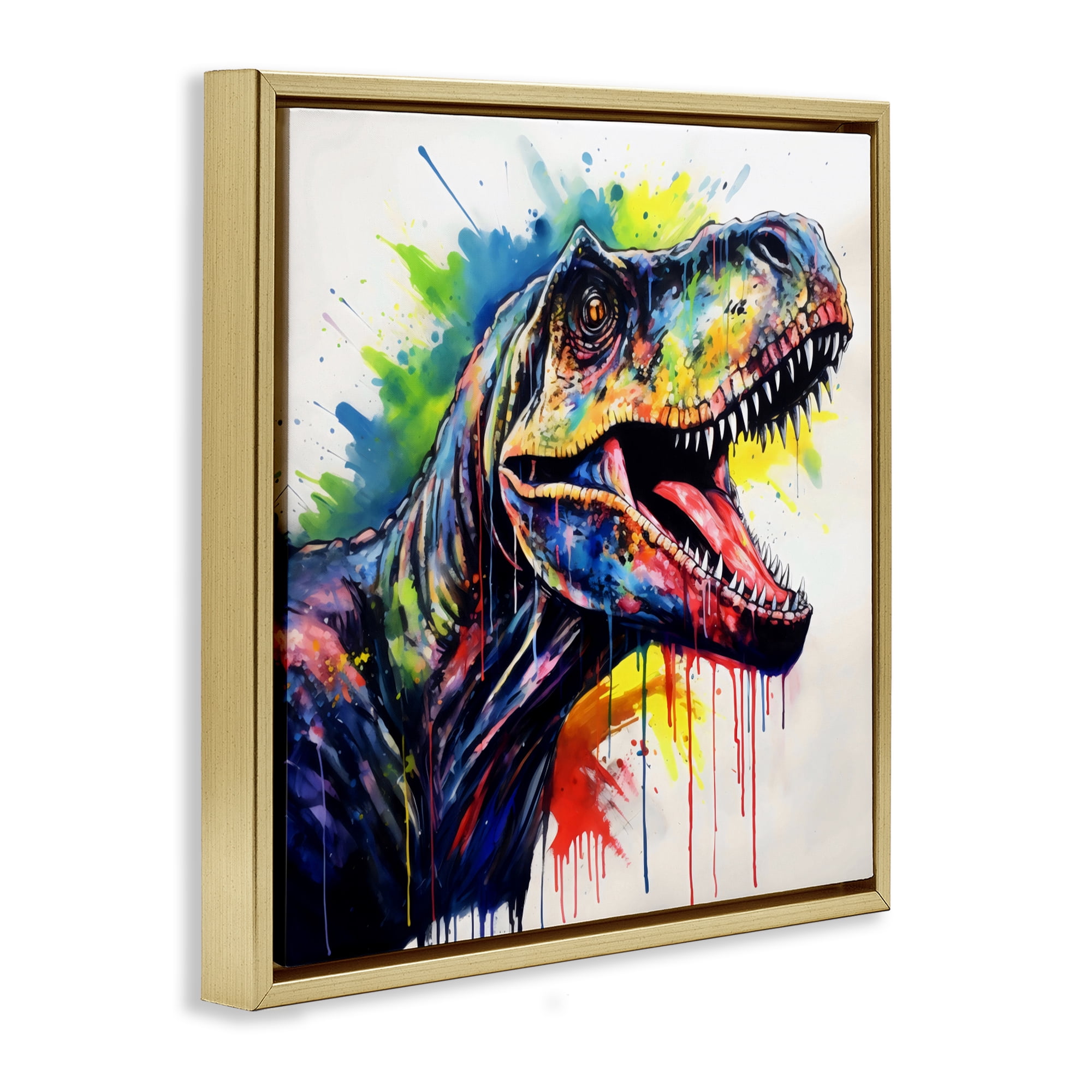 Stupell Industries Colorful T-Rex Roaring Gold Framed Floater Canvas Wall Art, design by Creative Studio