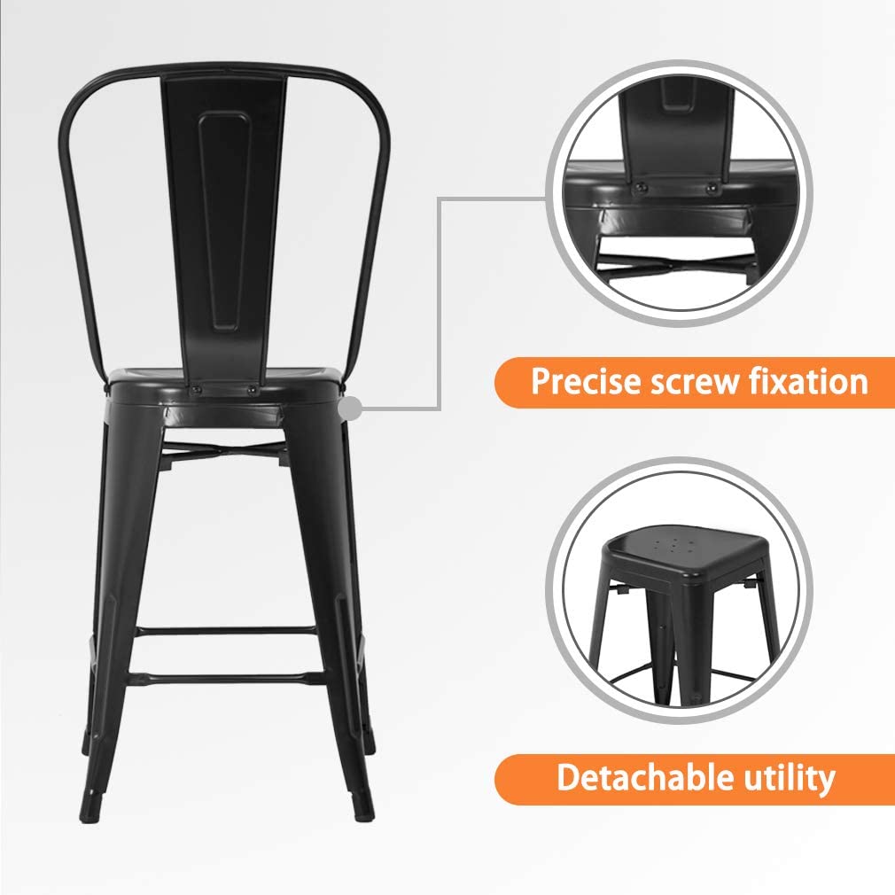 Bar Stool Set Of 4 Counter Height Barstool With Back 24 Inches Seat Height Industrial Bar Chairs Indoor Outdoor Metal Bar Stool Kitchen Stools Restaurant Patio Stool Stackable Modern Kitchen Stool - image 3 of 7