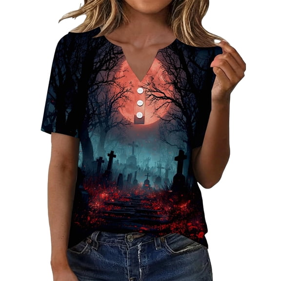Halloween Shirts for Women Button Front Short Sleeve Tee for Everyday Work with V-Neck Lace Detail and Printing White S