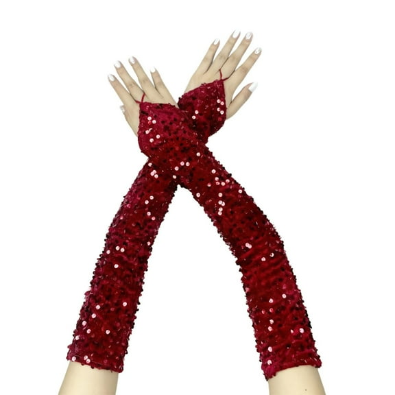 Fingerless Gloves for Women Sparkly Sequin Long Velvet Gloves Wedding Prom Arm Sleeves Gloves for Women Red One Size