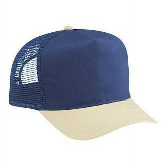 OTTO Cotton Blend Twill 5 Panel Pro Style Mesh Back Trucker Hat - Kha/Nvy