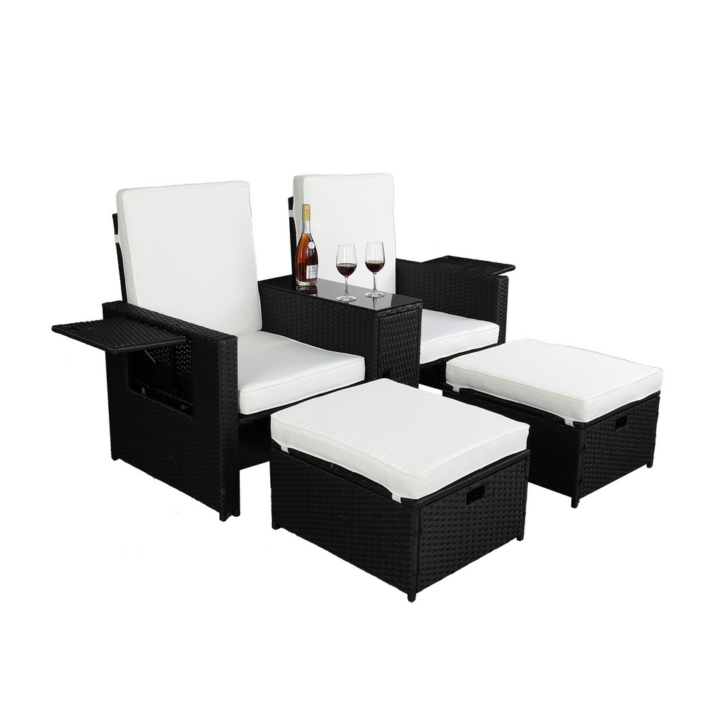 Veryke 5 Piece Outdoor Patio Rattan Lounge Chaise with Adjustable Backrest & Ottomans - image 3 of 10
