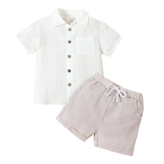 Hiiyo Little Boys Outfits Cotton Linen Solid Short Sleeve Button up Shirt Shorts Set, 2-Piece