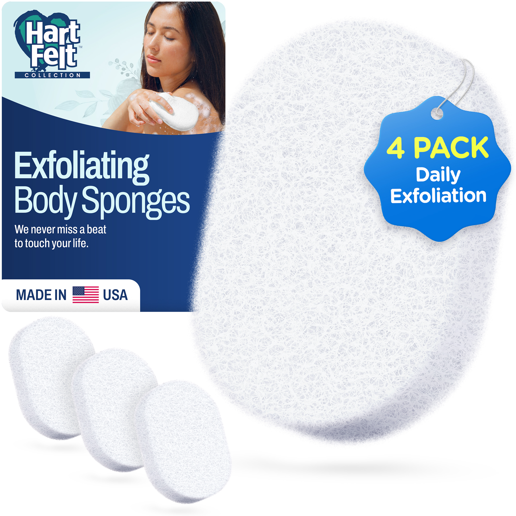 HartFelt Adult Body Scrub Oval Exfoliating Sponge Pad, Made in USA, Cleans & Refreshes Body, 4 Pack
