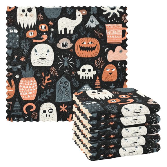 6 Pieces of Kitchen Towels 11x11Inch Kitchen Dish Cloths Kitchen Dish Towels Reuseable Cleaning Cloths Seamless Halloween Pattern