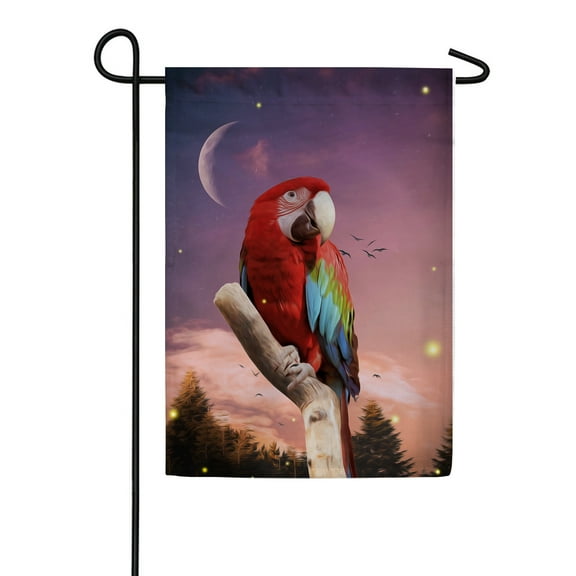America Forever Macaw Parrot Summer Garden Flag 12.5 x 18 inches Exotic Tropical Bird Cresent Moon Fireflies Double Sided Summer Seasonal Yard Outdoor Decorative Wildlife Garden Flag