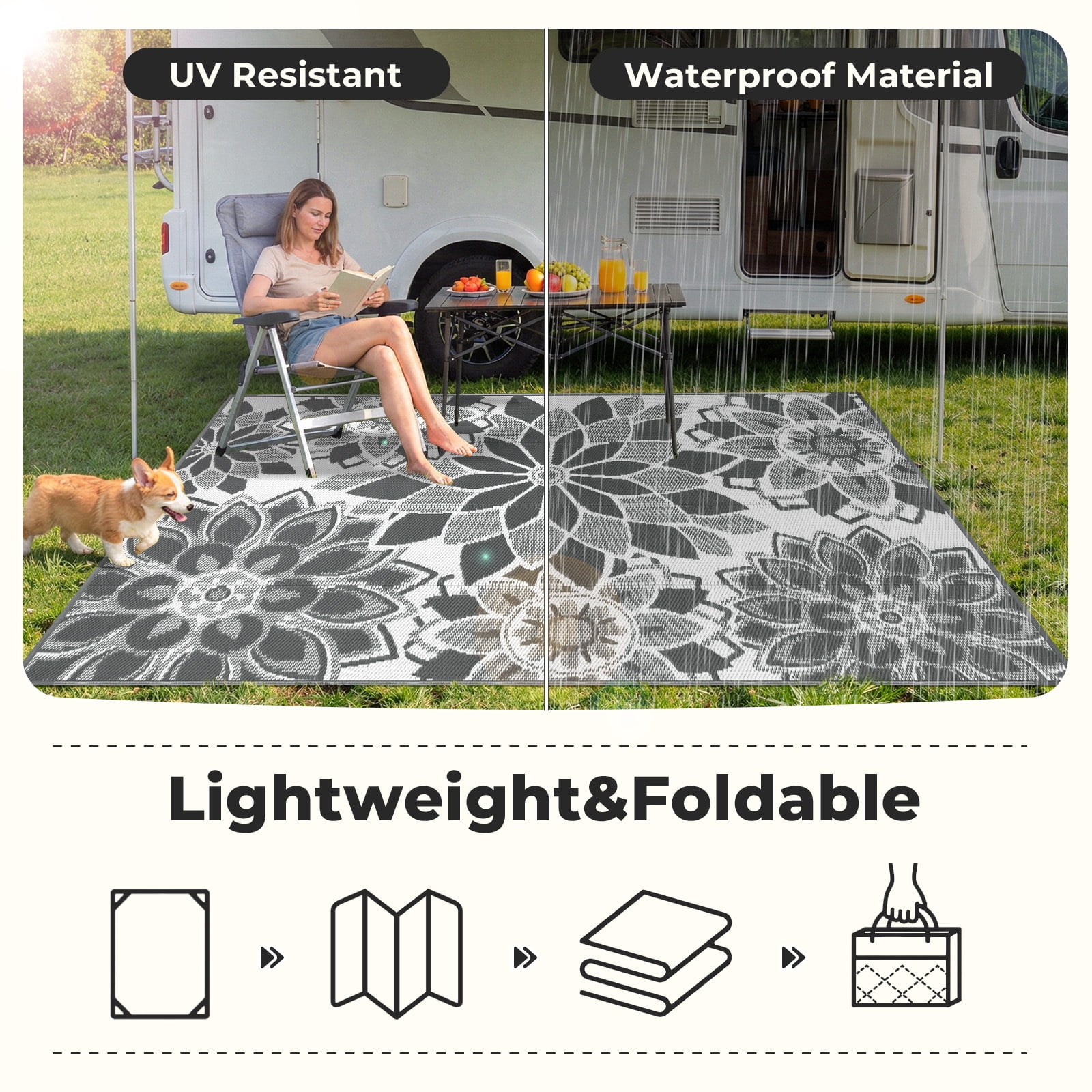 Findosom Outdoor Rug 5'x8' Reversible Waterproof Outdoor Patio Rug Mat Plastic Straw Rug Outdoor Area Rug Patio Camping Rug for RV Picnic Balcony Backyard Beach Outdoor Decor,Gray