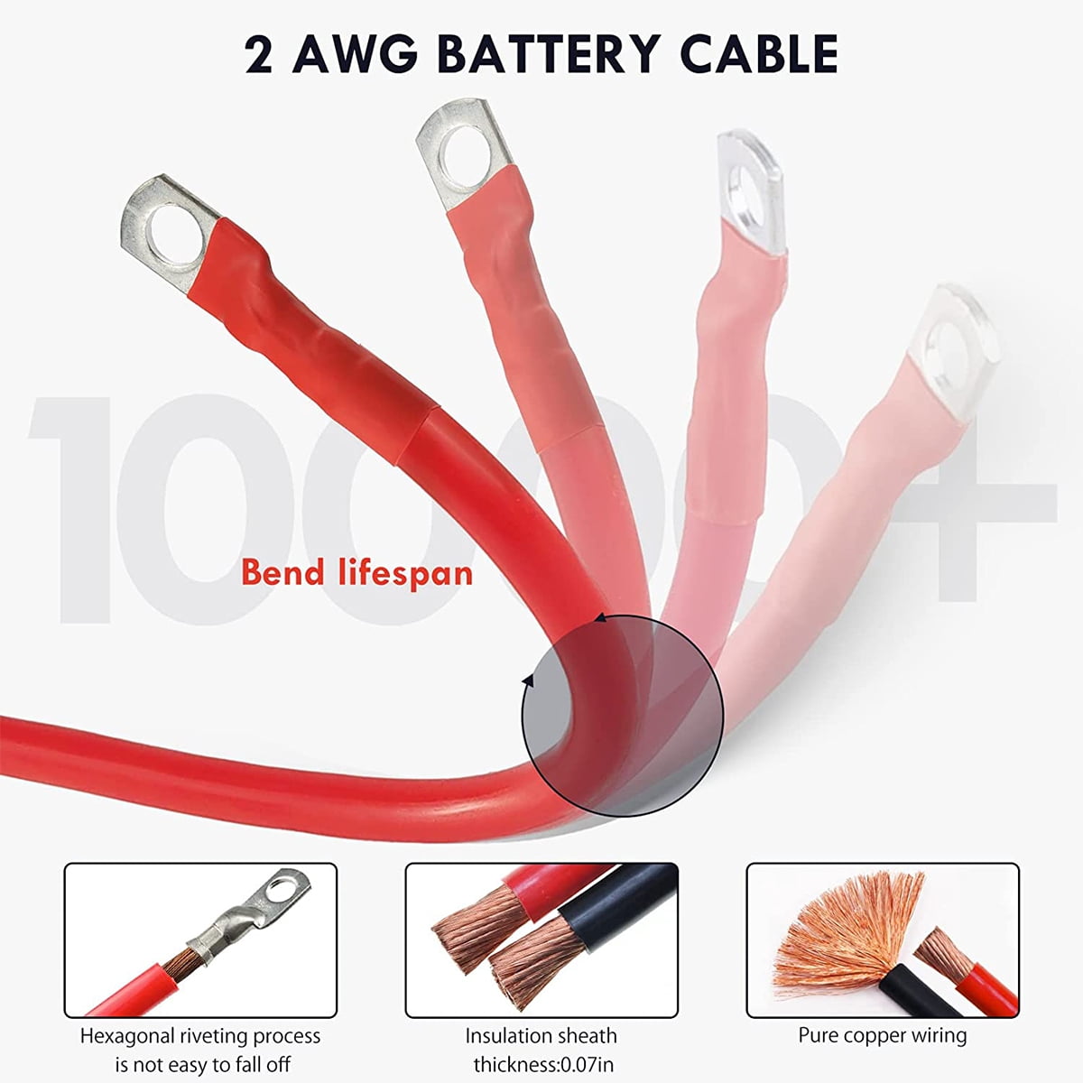 verlacod 2AWG 2inch Gauge Battery Cable Set with 3/8inch Lugs Durable Battery Power Inverter Cable Professional Copper Power Inverter Wire Boat Battery Cable for Car Marine Solar RV Boat