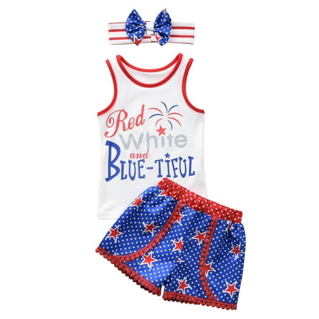 

Fesfesfes Toddler Baby Girls Outfits Independence Day Summer Vest Bow Three-piece Suit