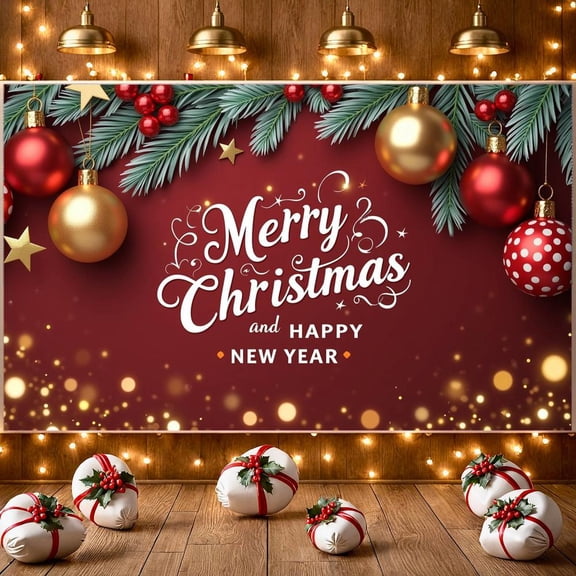 Red Background Christmas Banner Gold Ornaments New Year Banner Pine Branches Gold Stars Festive Banner for Christmas Party New Year Celebration Holiday Decoration